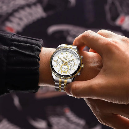 ساعة يد رجالية فاخرة من REWARD، كوارتز ذهبي وأبيض - مضيئة، متعددة الوظائف، حزام من الفولاذ المقاوم للصدأ، مقاومة للماء حتى عمق 30 مترًا، مثالية للرجل الأنيق ورجال الأعمال والملابس الكاجوال، ساعة فاخرة