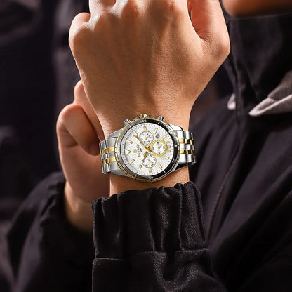 ساعة يد رجالية فاخرة من REWARD، كوارتز ذهبي وأبيض - مضيئة، متعددة الوظائف، حزام من الفولاذ المقاوم للصدأ، مقاومة للماء حتى عمق 30 مترًا، مثالية للرجل الأنيق ورجال الأعمال والملابس الكاجوال، ساعة فاخرة